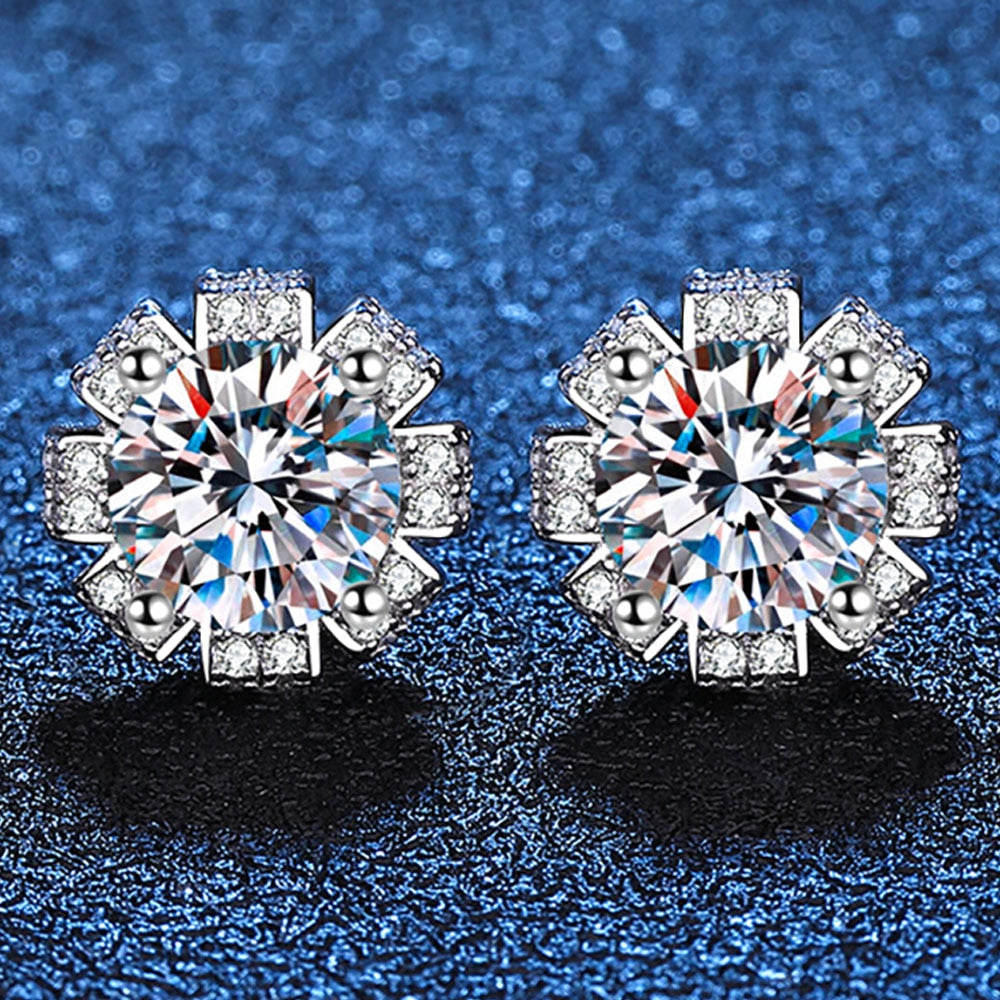 2 Carat Total Moissanite and Zircon Platinum Plated 925 Sterling Silver Stud Earrings