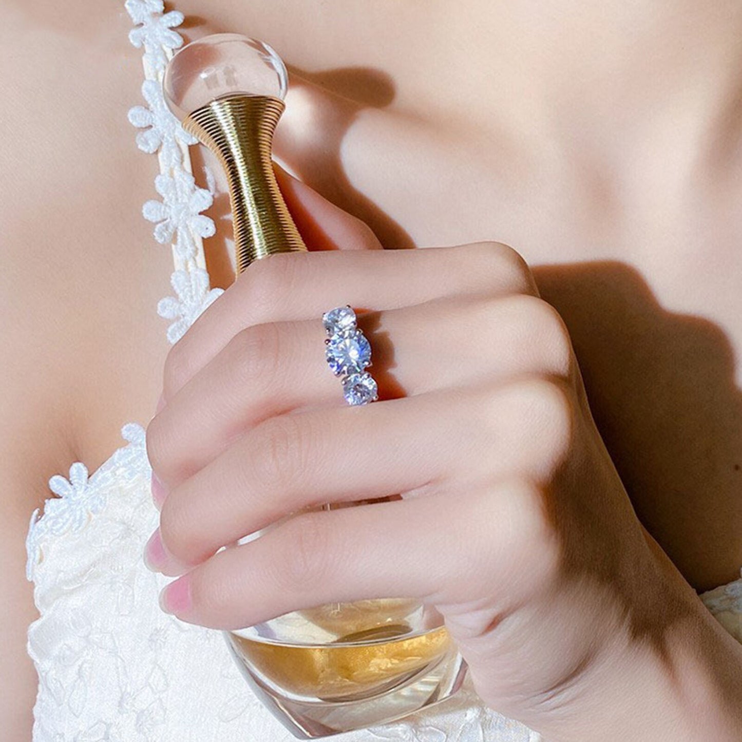 2 Carats Total or 4 Carats Total Moissanite Platinum Plated 925 Sterling 3 Stone Band