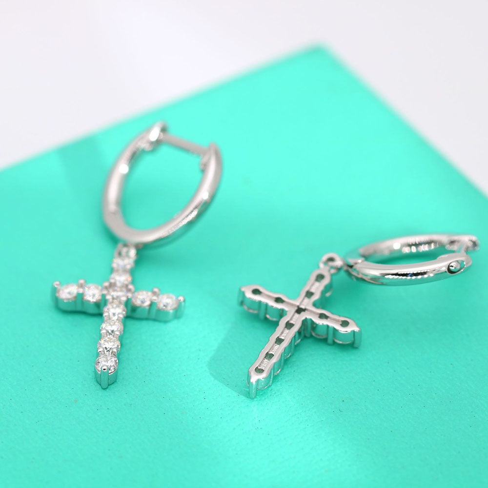 0.66 Carat Total Moissanite Platinum Plated 925 Sterling Silver Cross Drop Earrings