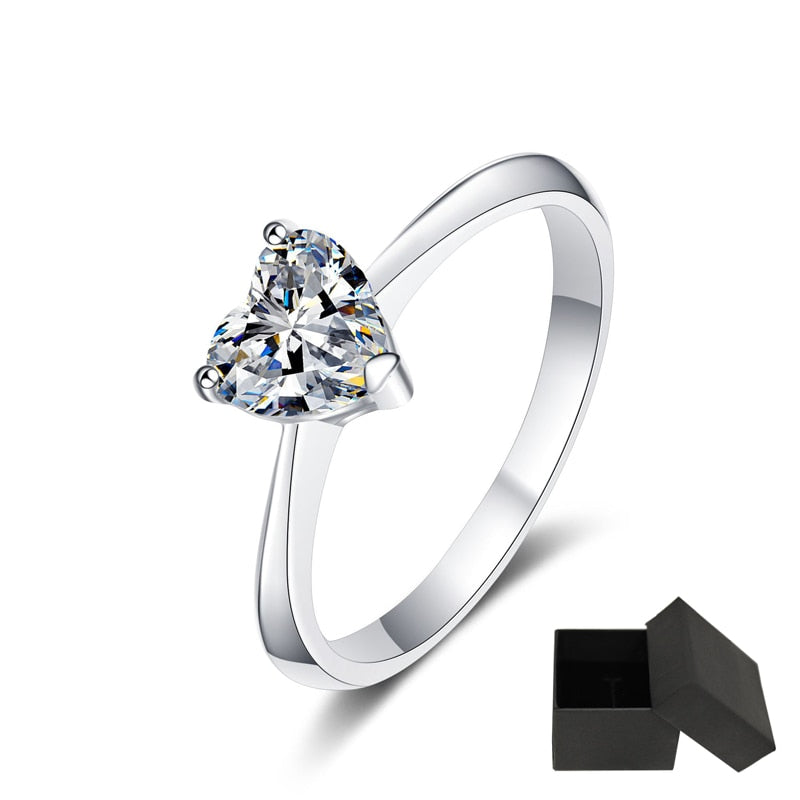 1 Carat or 2 Carat Heart Shaped Moissanite Platinum Plated 925 Sterling Silver Solitaire Ring