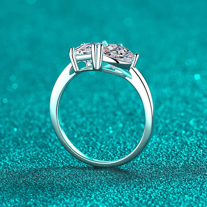 2 Carat Total Heart Cut and Emerald Cut Moissanite Platinum Plated 925 Sterling Ring