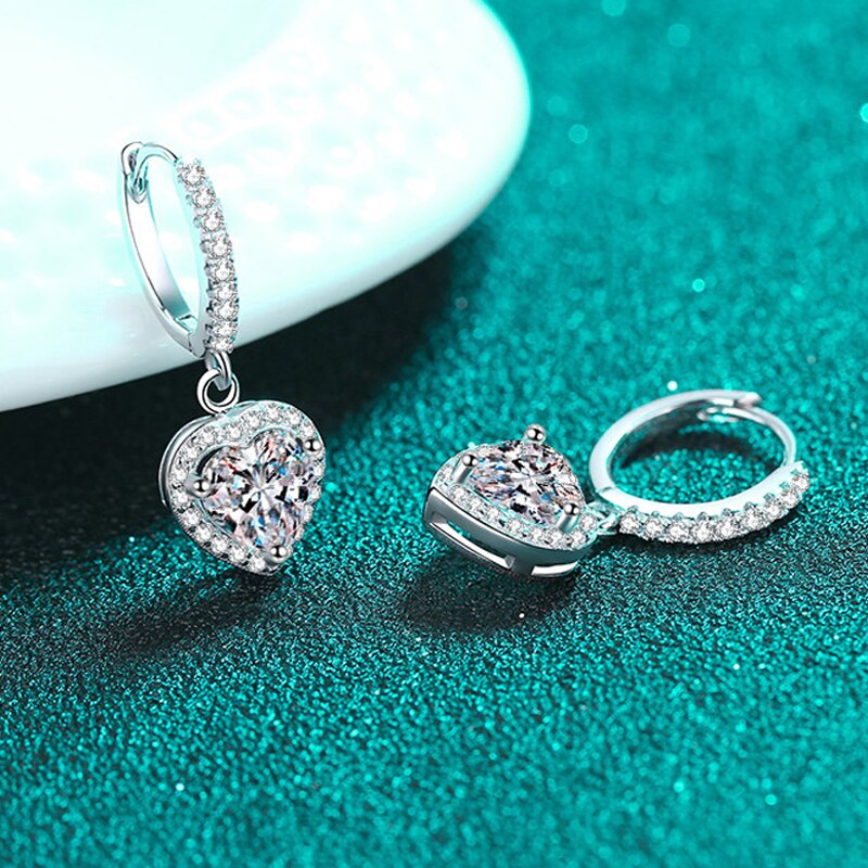 2 Carat Total Moissanite and Zircon 18K White Gold Plated 925 Sterling Silver Heart Drop Earrings