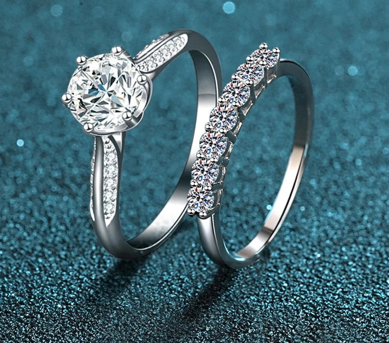 1.28 Carats Total Moissanite 18K White Gold Plated 925 Sterling Silver Bridal Set