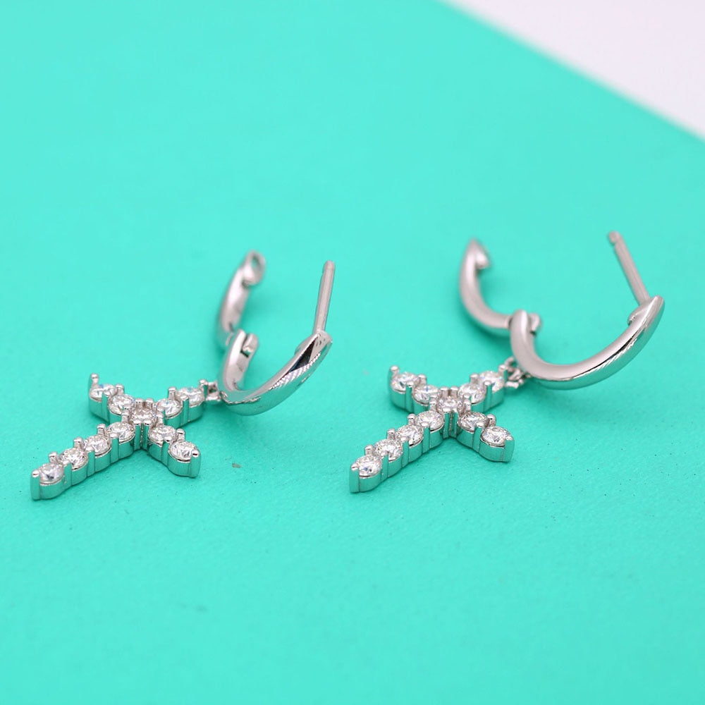 0.66 Carat Total Moissanite Platinum Plated 925 Sterling Silver Cross Drop Earrings