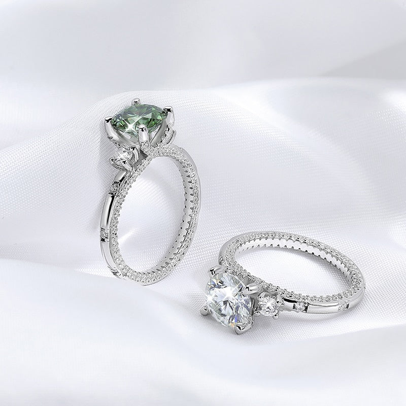 2 Carat Green, Red or White Moissanite and Zircon Accent Platinum Plated 925 Sterling Ring
