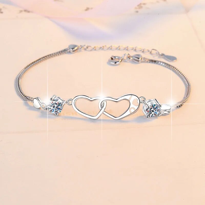 1 Carat Total Moissanite Platinum Plated 925 Sterling Silver Heart Bracelet