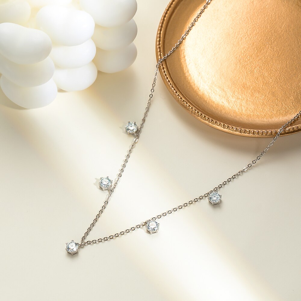 2.5 Carat or 5 Carat Total Moissanite Platinum Plated 925 Sterling Silver 5 Stone Necklace