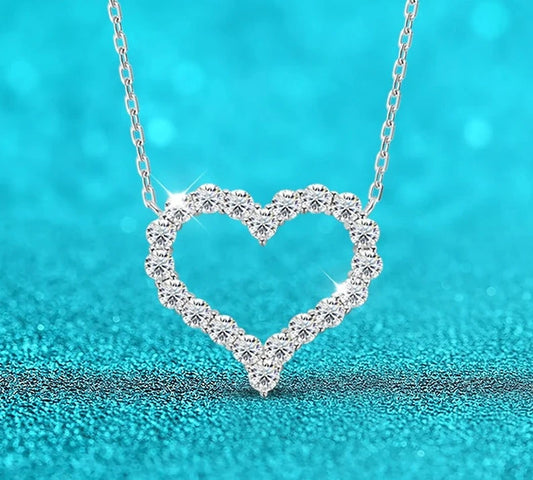 1.2 Carat Total or 2 Carats Total Moissanite Platinum Plated 925 Sterling Silver Heart Necklace