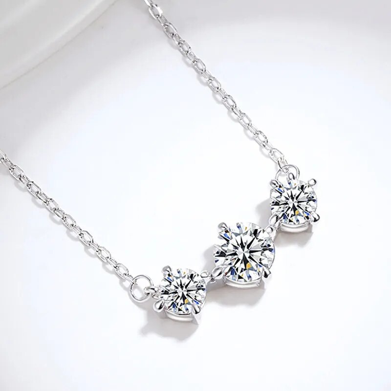 2 Carat Total Moissanite Platinum Plated 925 Sterling Silver 3 Stone Necklace