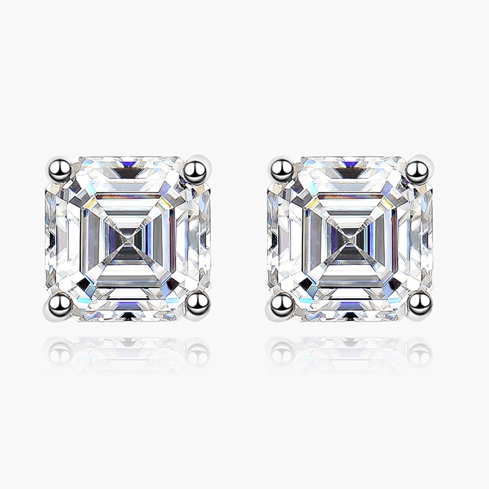 2 Carat Total Asscher Cut Moissanite Platinum Plated 925 Sterling Silver Stud Earrings