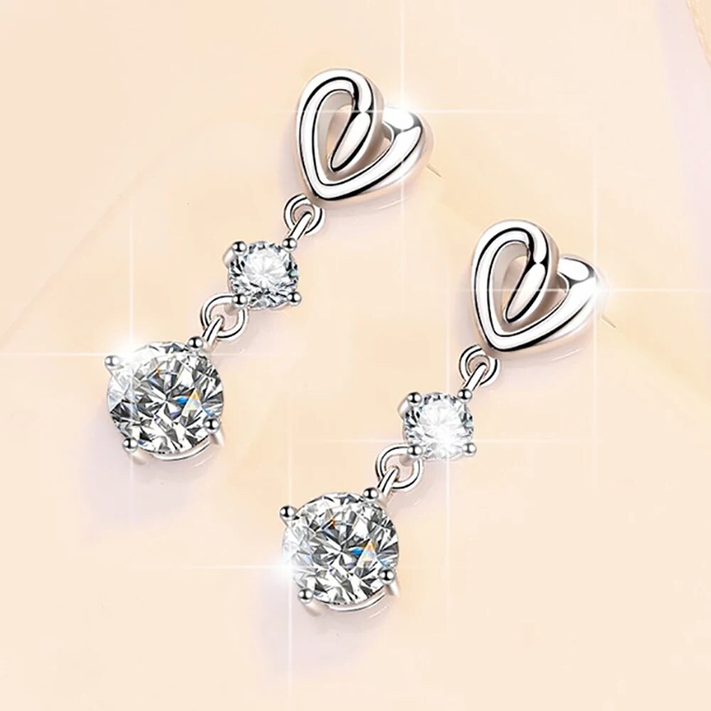 1.2 Carat Total or 2.2 Carat Total Moissanite Platinum Plated 925 Sterling Heart Drop Earrings