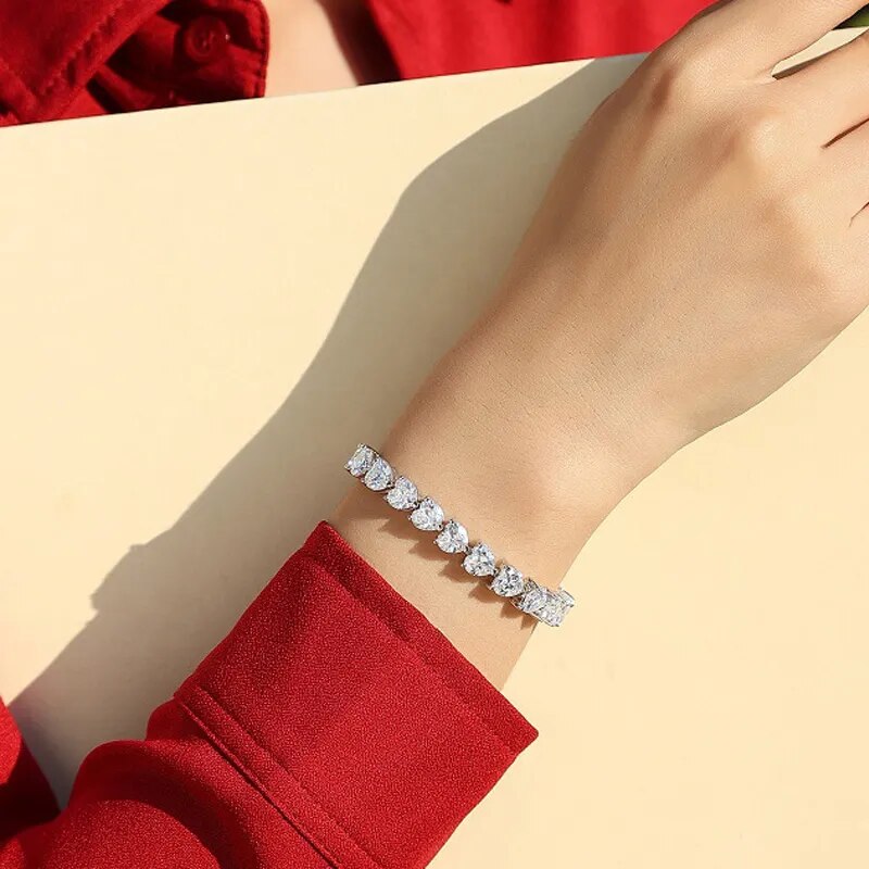 24 Carats Total Full Heart Cut Moissanite Platinum Plated 925 Sterling Silver Heart Bracelet