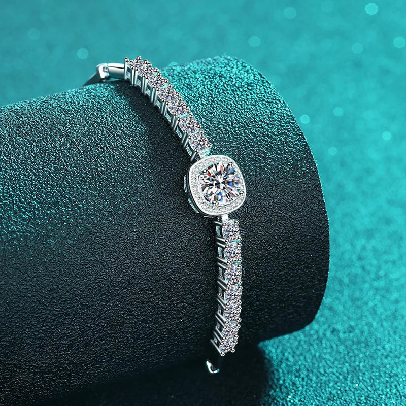 2.4 Carats Total Moissanite and Zircon Platinum Plated 925 Sterling Silver Bracelet