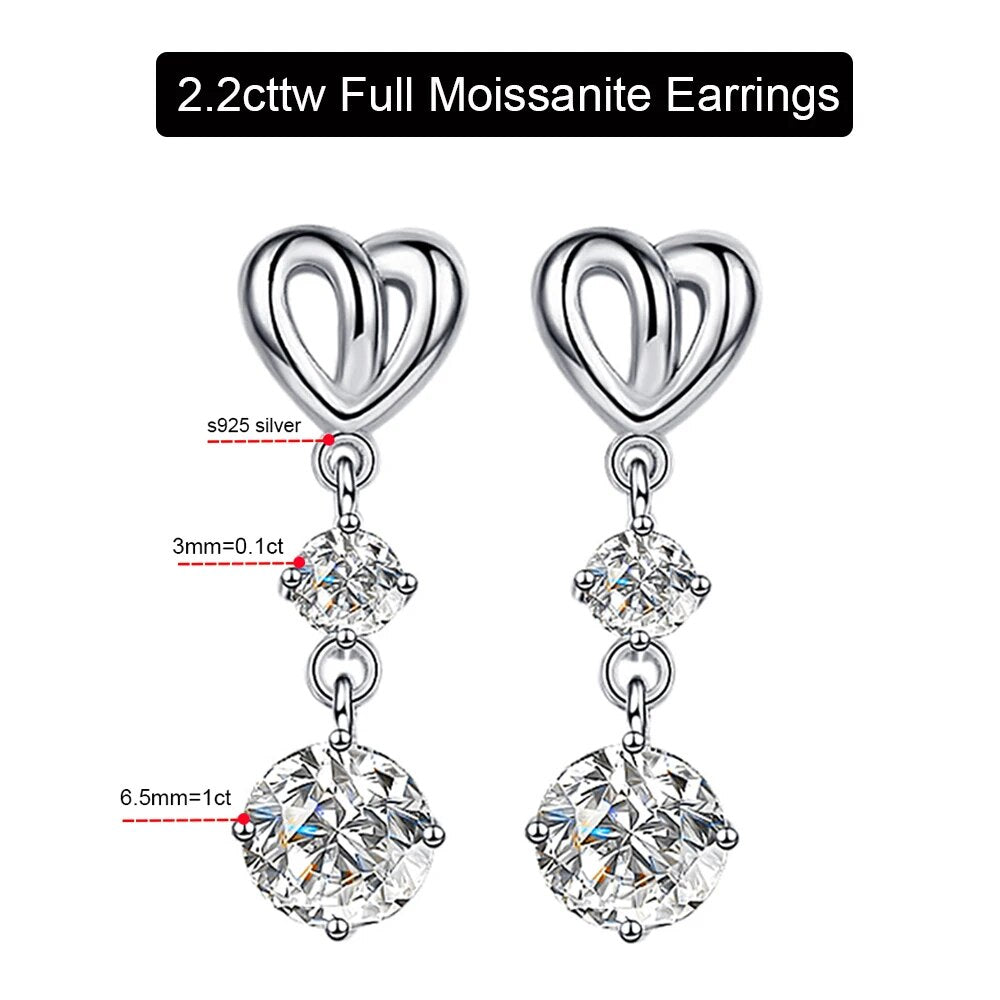 1.2 Carat Total or 2.2 Carat Total Moissanite Platinum Plated 925 Sterling Heart Drop Earrings