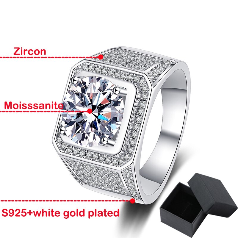 2 Carat or 5 Carat Moissanite and Zircon 18K Gold Plated 925 Sterling Silver Men's Ring