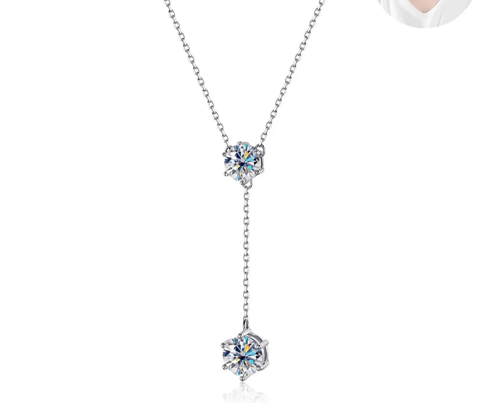 3 Carat Total or 5 Carat Total Moissanite Platinum Plated 925 Sterling Silver 2 Stone Necklace