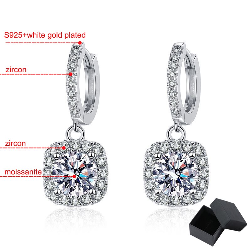 1 Carat to 4 Carats Total Moissanite and White Zircon Accent D Color VVS1 18K White Gold Plated 925 Sterling Silver Drop Earrings