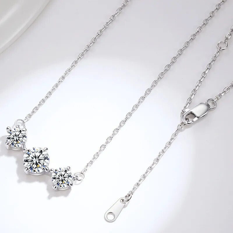 2 Carat Total Moissanite Platinum Plated 925 Sterling Silver 3 Stone Necklace
