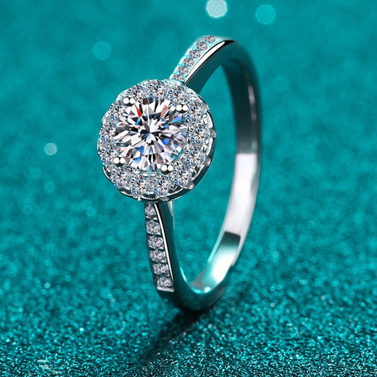 1 Carat or 2 Carats Moissanite and Zircon Accent Platinum Plated 925 Sterling Silver Ring