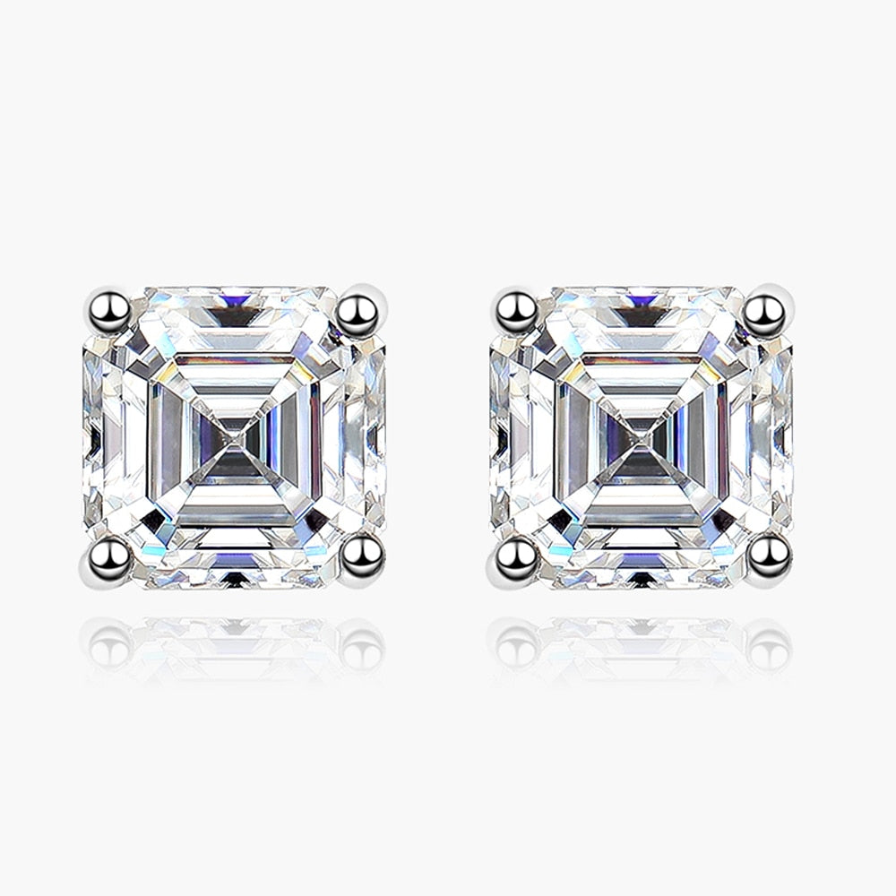 2 Carat Total Asscher Cut Moissanite Platinum Plated 925 Sterling Silver Stud Earrings