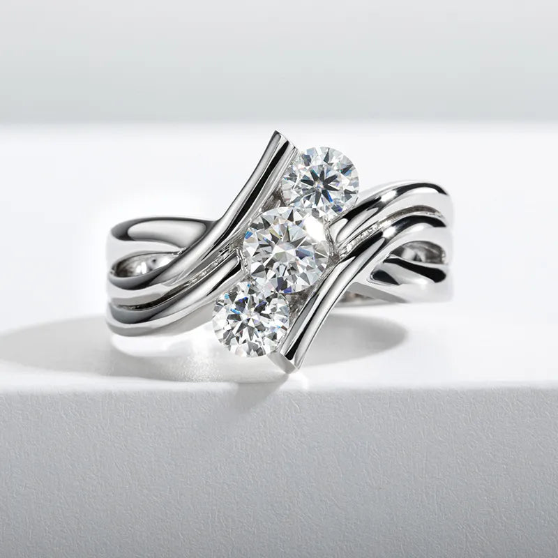 1.2 Carat Total Moissanite 18K White Gold Plated 925 Sterling Silver 3 Stone Ring