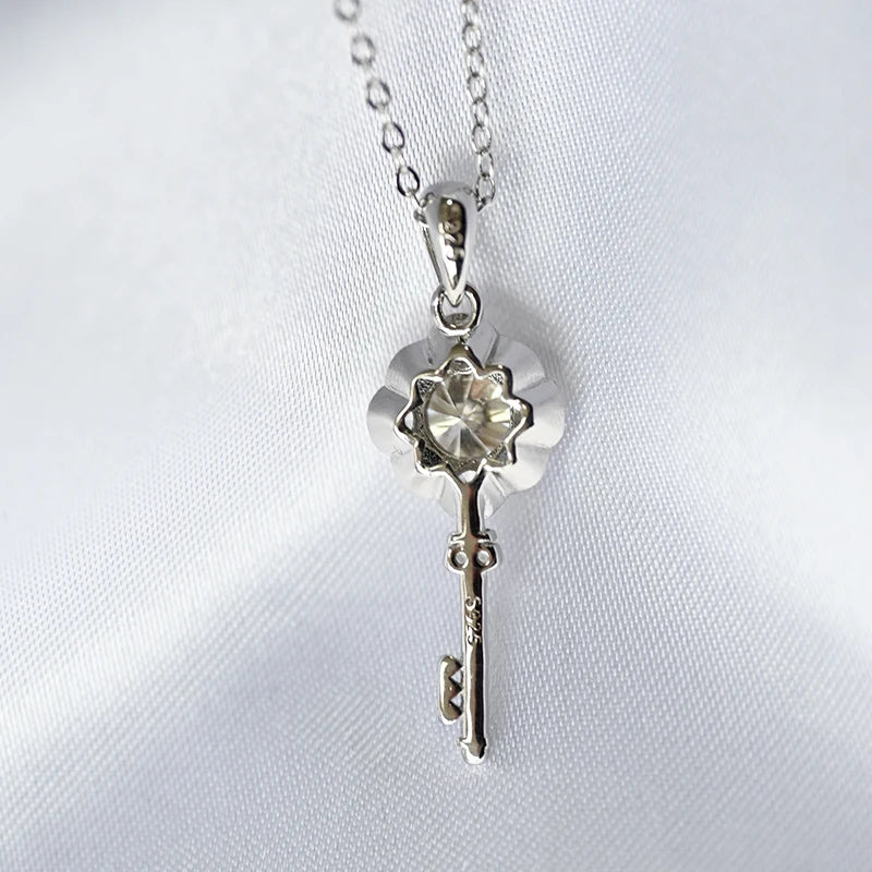 1 Carat Moissanite and Zircon Platinum Plated 925 Sterling Silver Key Pendant Necklace