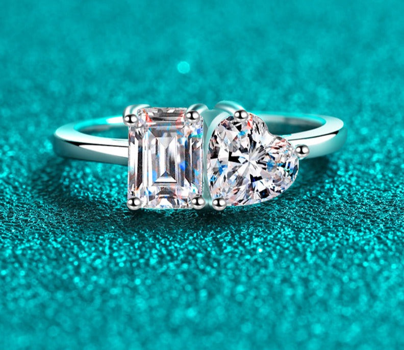 2 Carat Total Heart Cut and Emerald Cut Moissanite Platinum Plated 925 Sterling Ring