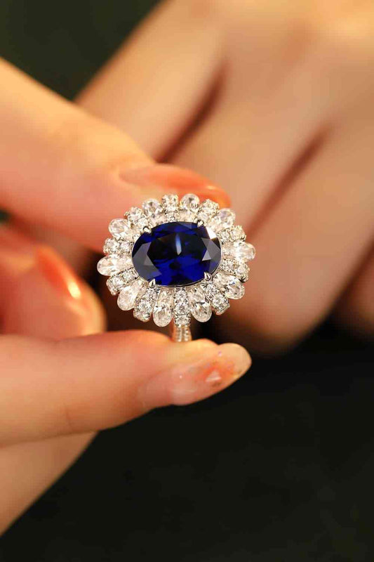 5 Carats Lab-Grown Sapphire and Zircon Platinum Plated 925 Sterling Silver Flower Shape Ring