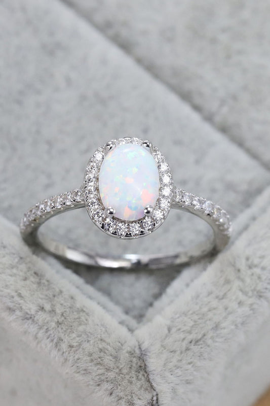 Australian Opal and Zircon Accent Platinum Plated 925 Sterling Silver Halo Ring