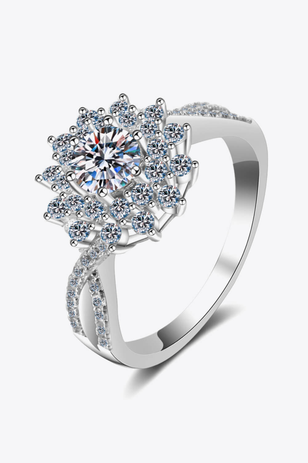 0.5 Carat Moissanite and Zircon Accent Platinum Plated 925 Sterling Flower-Shape Split Shank Ring