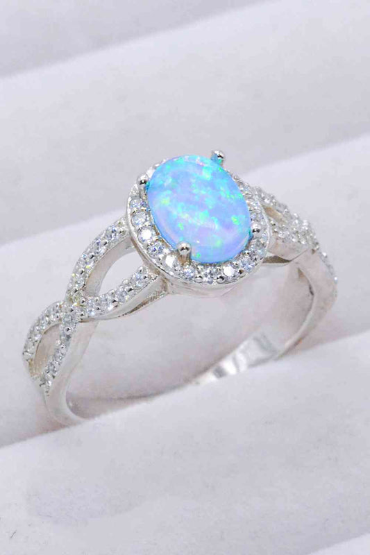 Australian Opal and Zircon Platinum Plated 925 Sterling Silver Halo Ring