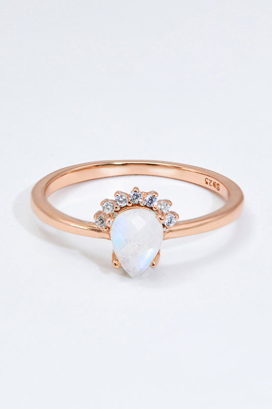 18K Rose Gold-Plated Pear Shape Natural Moonstone and Zircon Ring