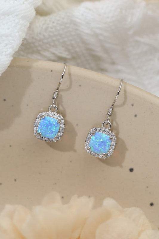Australian Opal and Zircon Platinum Plated 925 Sterling Silver Square Drop Earrings
