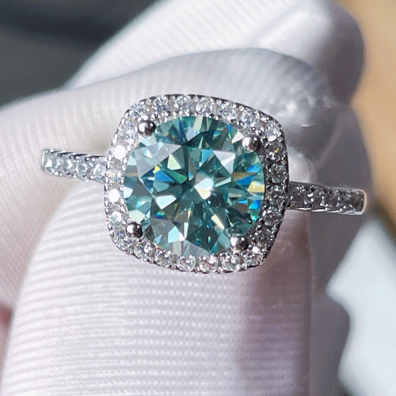 2 Carat Blue Green Moissanite D Color VVS1 Platinum Plated 925 Sterling Silver Ring