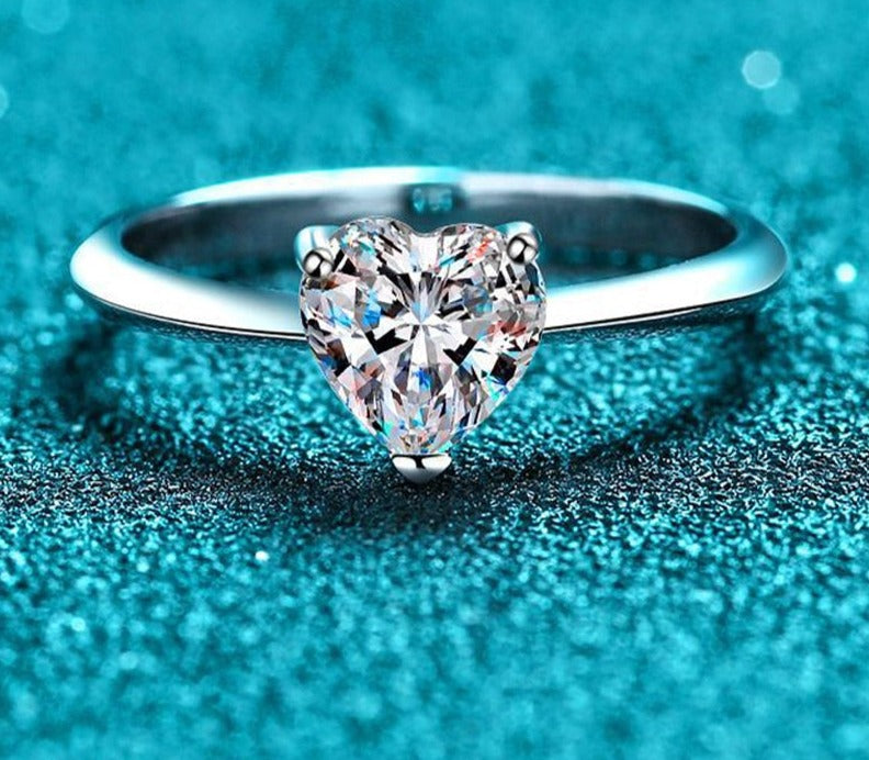 1 Carat or 2 Carat Heart Shaped Moissanite Platinum Plated 925 Sterling Silver Solitaire Ring