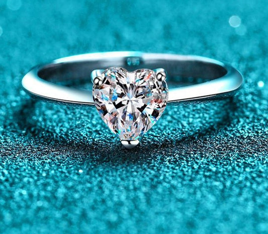 1 Carat or 2 Carat Heart Shaped Moissanite Platinum Plated 925 Sterling Silver Solitaire Ring