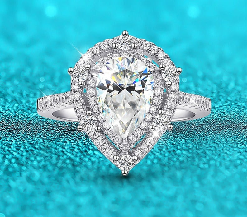 2 Carat Pear Shaped Moissanite and Zircon 18K Gold Plated 925 Sterling Ring