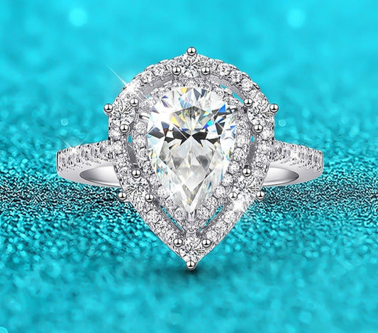 2 Carat Pear Shaped Moissanite and Zircon 18K Gold Plated 925 Sterling Ring