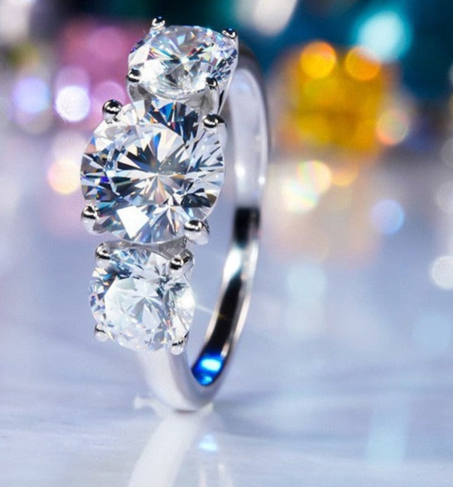 2 Carats Total or 4 Carats Total Moissanite Platinum Plated 925 Sterling 3 Stone Band