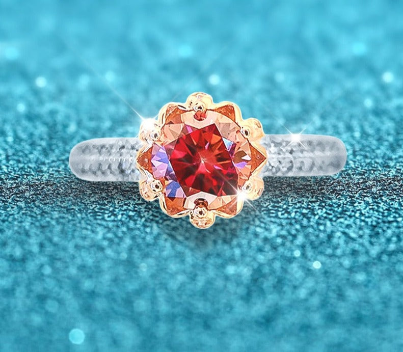 1 Carat Red Moissanite VVS1 and Zircon Accent 18K White and Yellow Gold Plated 925 Sterling Silver Ring