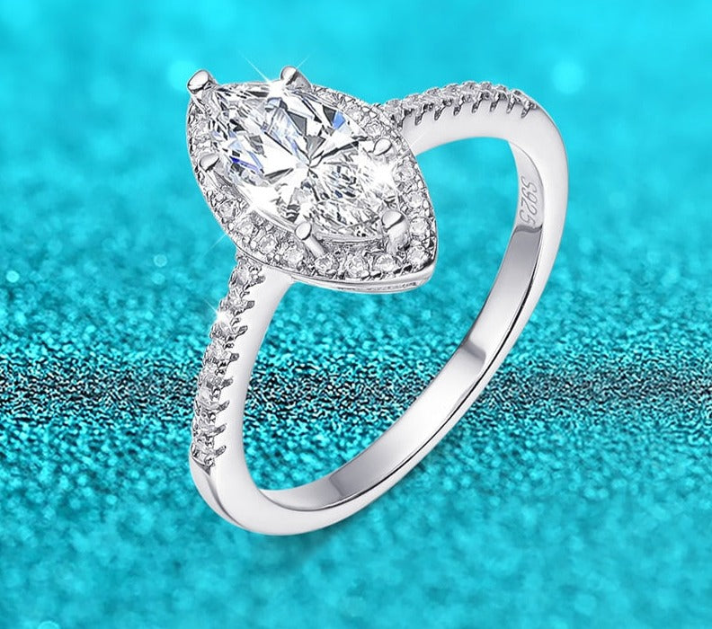 1 Carat Marquise Cut Moissanite and Zircon Accent Platinum Plated 925 Sterling Silver Ring