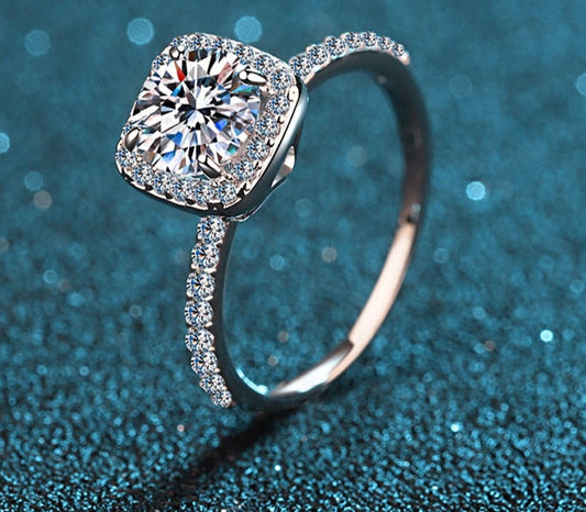 1 Carat or 2 Carat Moissanite and Zircon Platinum Plated 925 Sterling Silver Ring