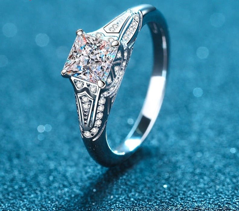 1 Carat or 2 Carat Princess Cut Moissanite and Zircon 18K Gold Plated 925 Sterling Ring