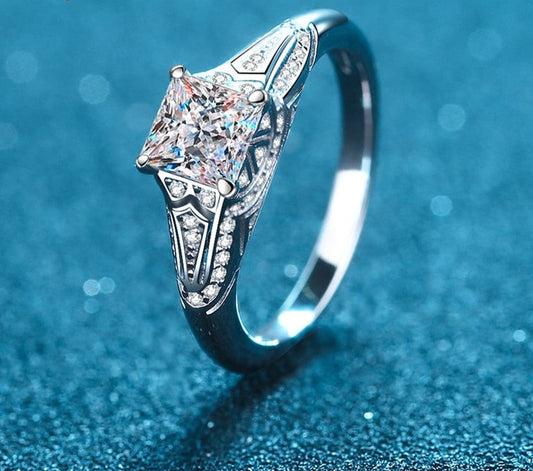 1 Carat or 2 Carat Princess Cut Moissanite and Zircon 18K Gold Plated 925 Sterling Ring