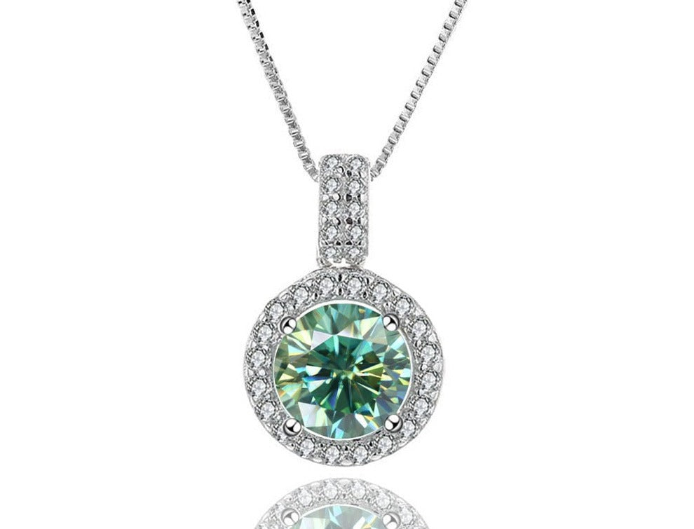 1 Carat or 2 Carat Green Moissanite and Zircon Accent D Color VVS1 Platinum Plated 925 Sterling Silver Pendant Necklace