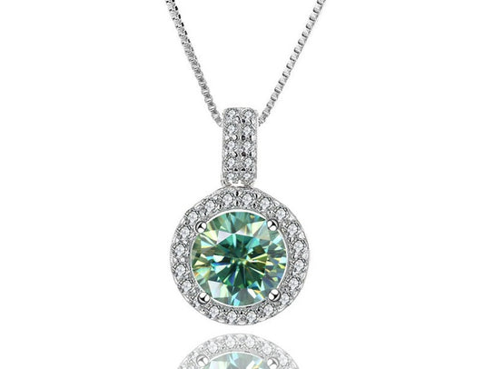 1 Carat or 2 Carat Green Moissanite and Zircon Accent D Color VVS1 Platinum Plated 925 Sterling Silver Pendant Necklace