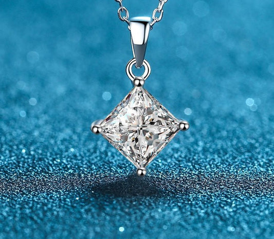 1 Carat or 2 Carat Princess Cut Moissanite Platinum Plated 925 Sterling Silver Pendant Necklace