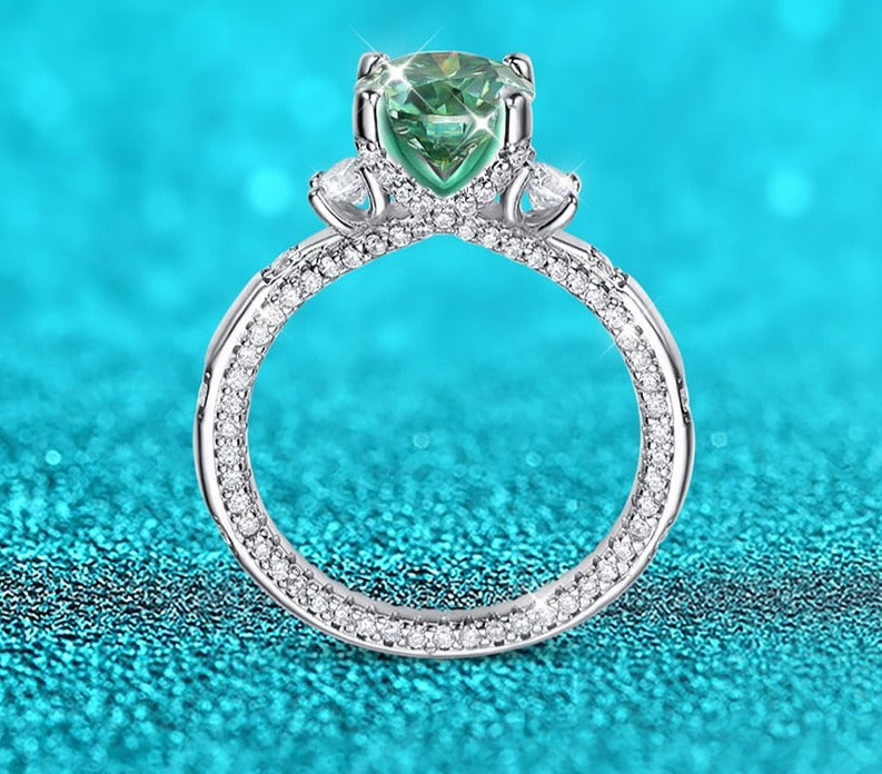 2 Carat Green, Red or White Moissanite and Zircon Accent Platinum Plated 925 Sterling Ring