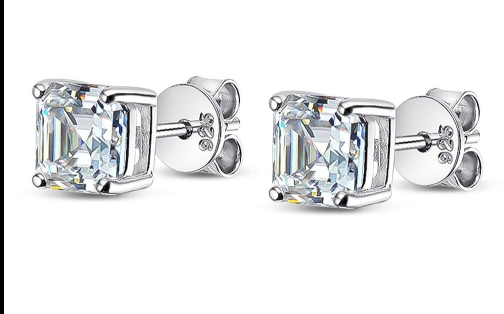 2 Carat Total Asscher Cut Moissanite Platinum Plated 925 Sterling Silver Stud Earrings