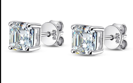 2 Carat Total Asscher Cut Moissanite Platinum Plated 925 Sterling Silver Stud Earrings